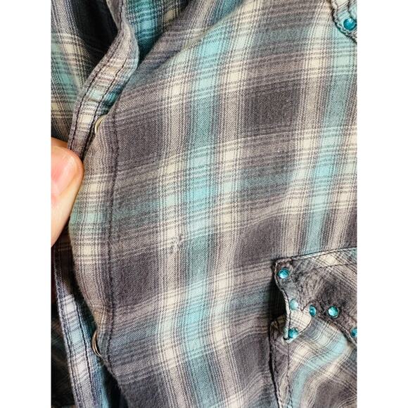Y2K Panhandle Western Shirt Womens Size Small Pearl Snap/Rhinestone Plaid - Picture 3 of 7